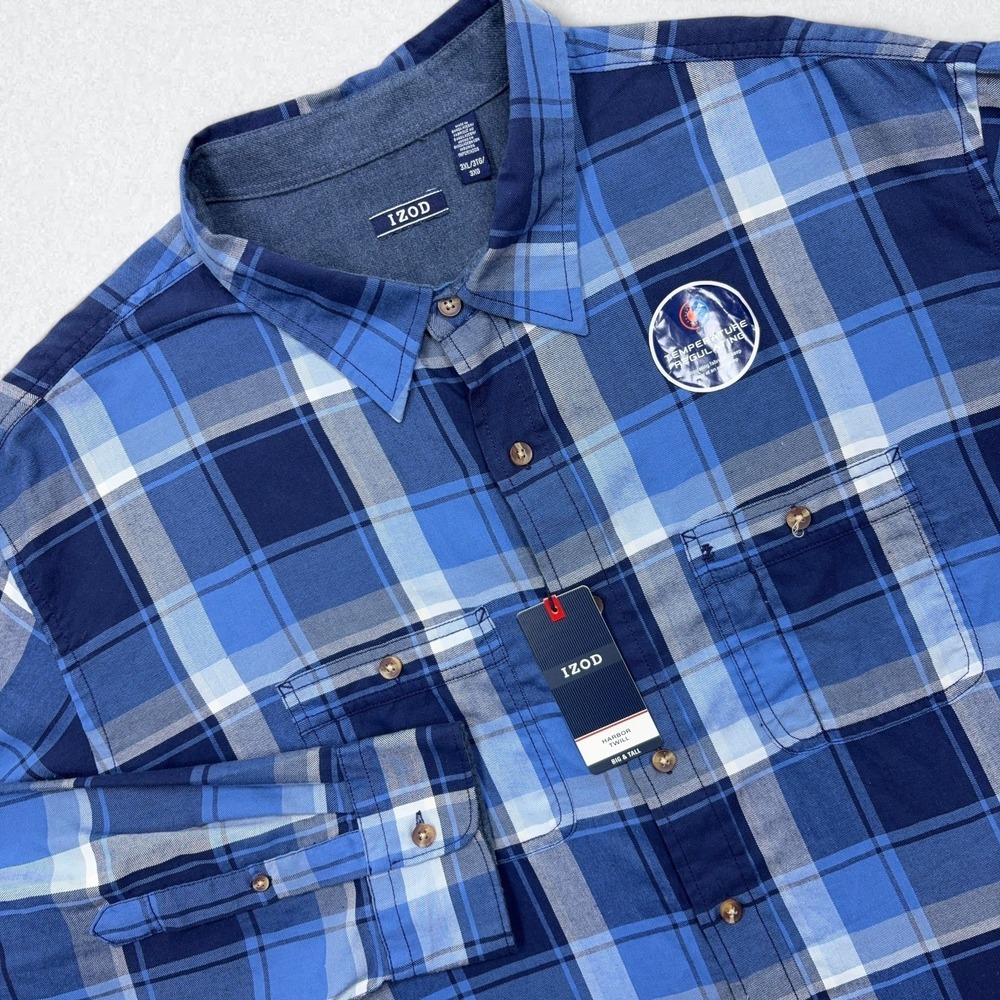 IZOD Harbor Twill Shirt Mens 3XL Blue Plaid Temperature Regulating Long Sleeve